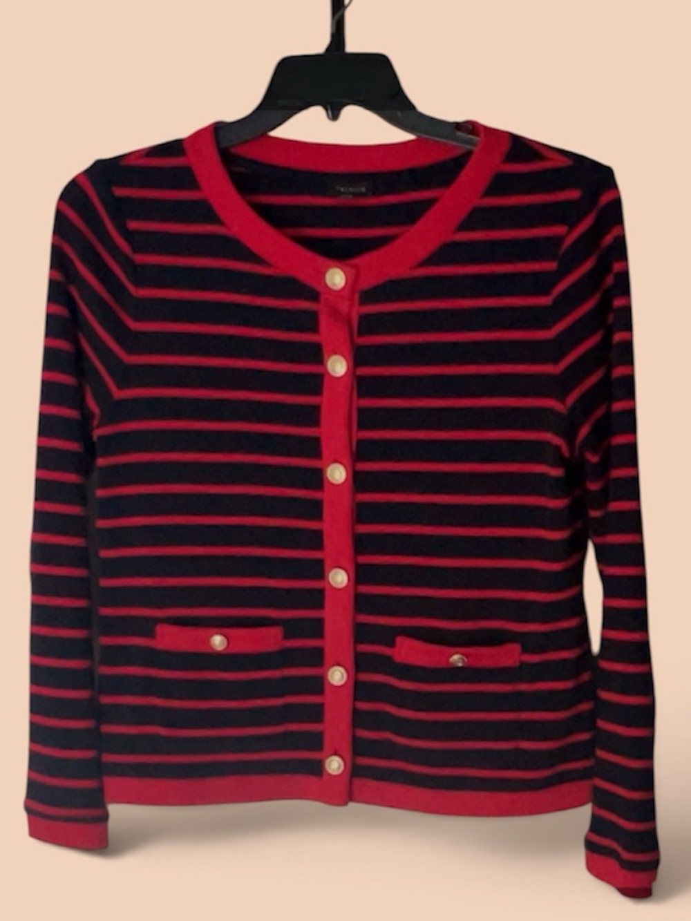 Talbots Cardigan M Navy Blue Red Striped Gold Buttons Preppy Academia, Work EUC - Picture 10 of 11